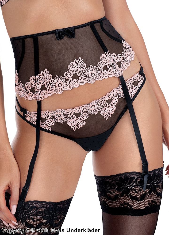 Thong, sheer mesh, embroidery, flowers